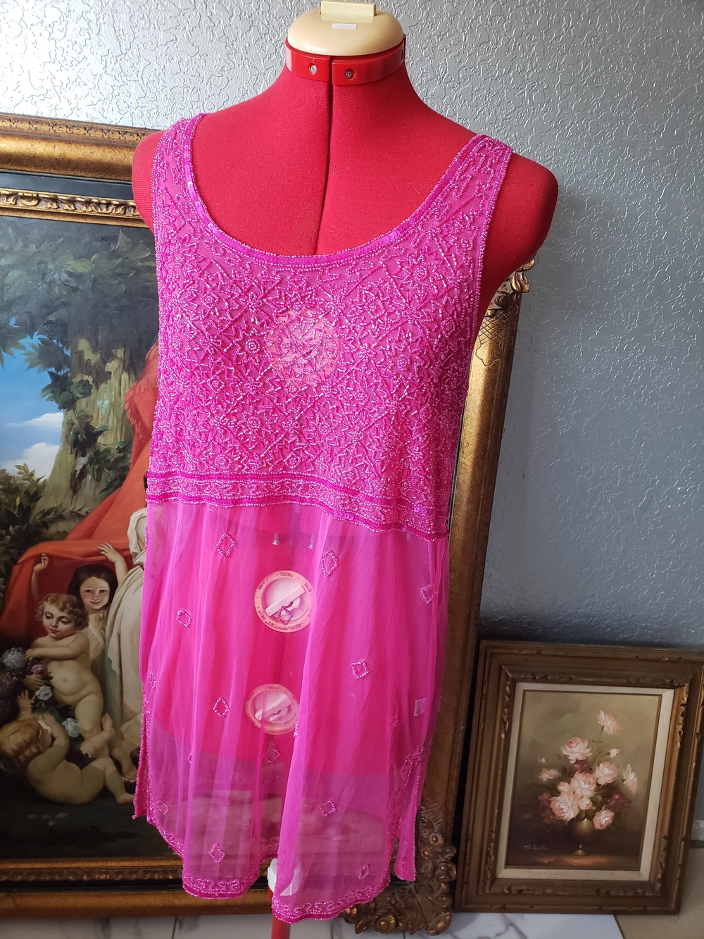 BECCA Vivid Pink Beaded Sheer Slip Dress